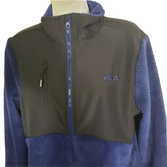Fila Sport Women Medium Athletic Jacket Blue Black Fleece Faux Fur FullZip Woven - Picture 3 of 11